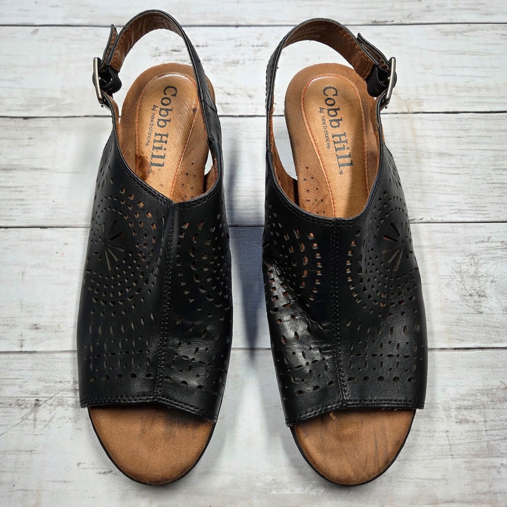 Cobb Hill CBD43BK Laser Cut Slingback Heel Women‎ 9M Black Leather Sandals